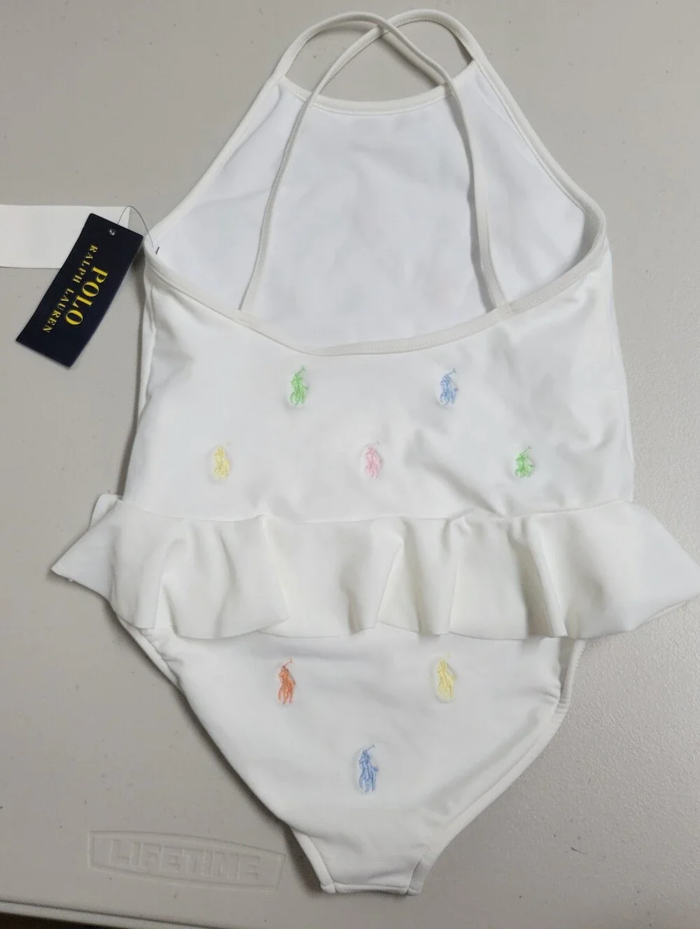 Polo Ralph Lauren NWT White One-Piece Girls Swimsuit with Multicolor Pony Logo.